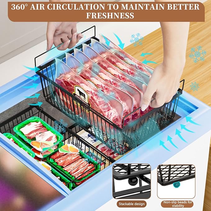 Large Freezer Organizer Bins，Upgraded Bottom Leak-Proof net，6 Pack， Expandable Stackable Chest Freezer Containers with Handle，for Fridge, Deep Freezer, Cabinet, Kitchen, Pantry (Black-6Pack)