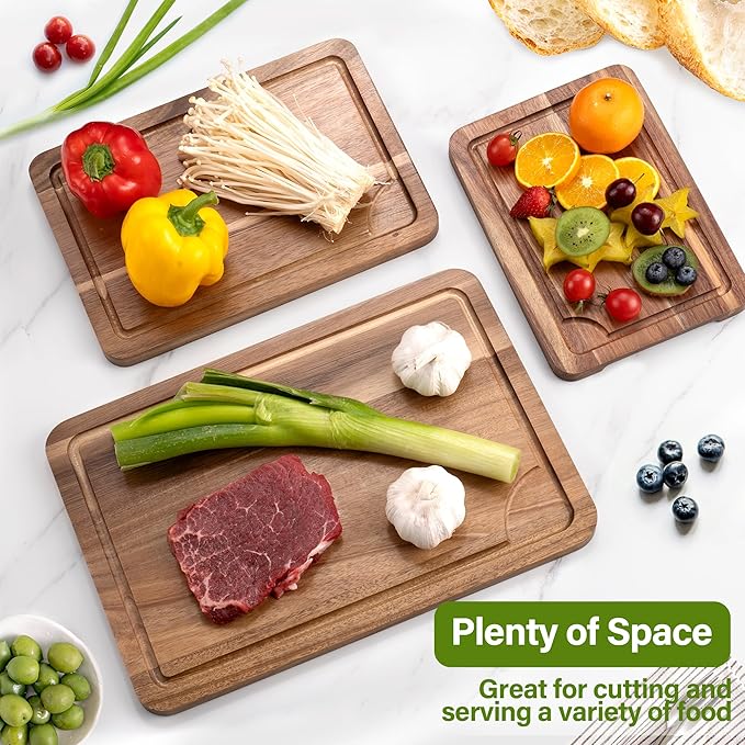 WILLKOMMEN Acacia Wood Cutting Board Set for Kitchen, 3-Piece Chopping Boards with Stand & Juice Groove & Handles, Heavy Duty Wooden Butcher Block for Meat, Vegetables (Small, Medium, Large)
