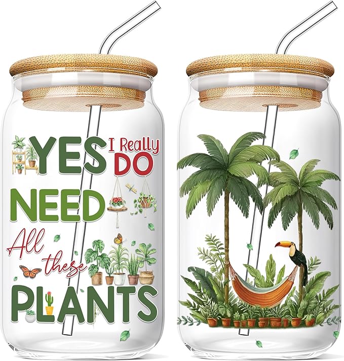 Gifts for Plant Lovers 16 Oz Glass Cup with Lid and Straw Plant Lady Coffee Mug Funny Plants Lover Tumbler Mothers Day Christmas Birthday Present for Gardeners Women Men Mom Dad
