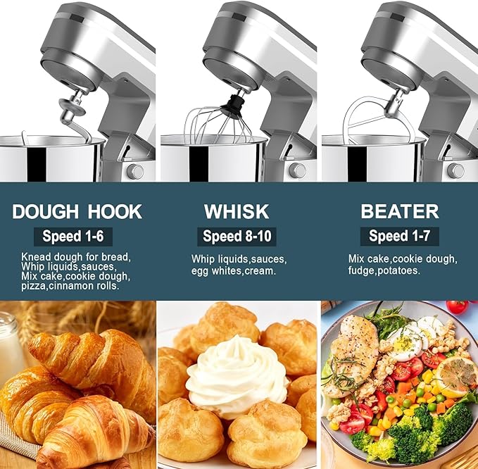 Household Stand Mixer with 6.5 Quart Bowl, Electric Food Mixer 10+p Speeds 660W, Kitchen Tilt-Head Bread Dough and Cake Mixers with Dough Hook, Whisk, Beater, Splash Guard