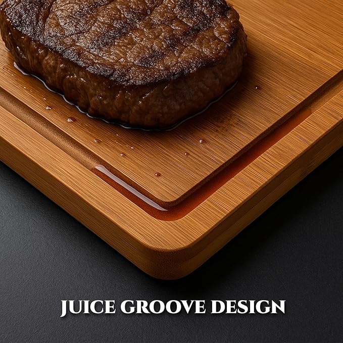 Bamboo Cutting Board 3-Piece Set with Juice Grooves – Non-Slip Wooden Chopping Boards for Kitchen & Housewarming Gfit, Multi-Size Serving Tray for Meat, Vegetables, Fruits