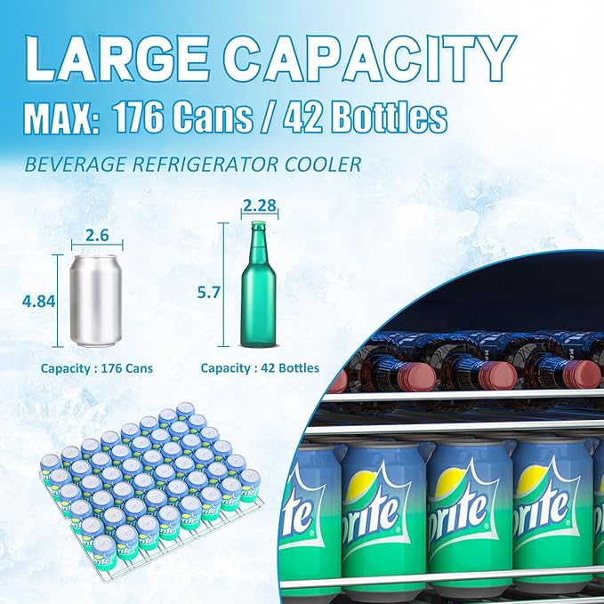 24 inch Beverage Refrigerator Cooler, 5.4 Cubic/176 Can Large Fridge Dual Zone with Glass Front Door, Beer or Wine, Under Counter Small Refrigerator with Adjustable Shelves and Digital Display