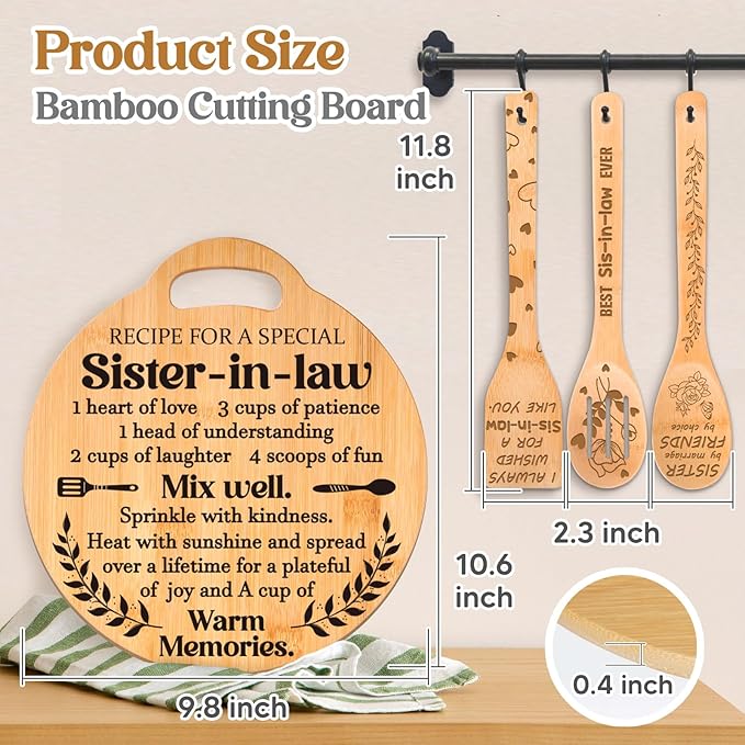 Sister in Law Gifts - Engraved Bamboo Cutting Board Set, Unique Sister-in-Law Gifts, Mothers Day Christmas Birthday Gifts for Sister in Law