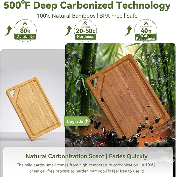 Bamboo Cutting Boards for Kitchen, Wood Cutting Boards with Deep Juice Grooves, 3-Pack Bamboo Cutting Board Set with Holder, Chopping Board & Charcuterie Board for Meal Prep & Serving