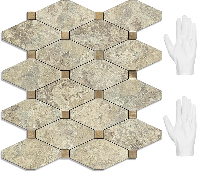 STICKGOO 10 Sheets Peel and Stick Backsplash, Tan Stone Mixed Metal Gold Backsplash Tile Peel and Stick, Stick on Backsplash for Kitchen, Fireplace, Bathroom, RV