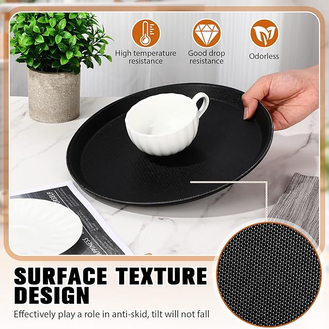 Zopeal 2 Pieces Black Round Restaurant Serving Tray, Plastic Non Slip Surface Food Meals Server Tray with Raised Edges for Home, Kitchen, Restaurant, Cafeteria, Bar (11")