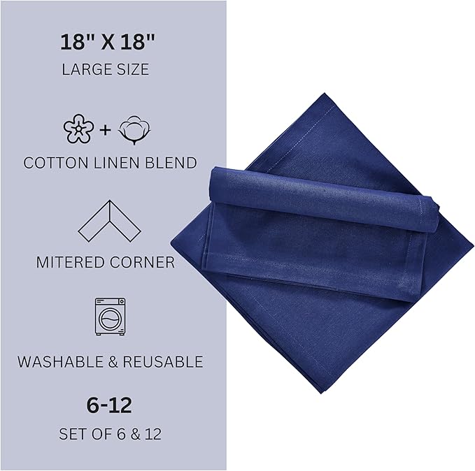 FINGERCRAFT Dinner Cloth Napkins, Cotton Linen Blend Mitered Corner Napkins Cloth 12 Pack Natural Premium Quality for Every Day Use, Parties, Easter, Weddings, 18x18 inch Bellwether Blue
