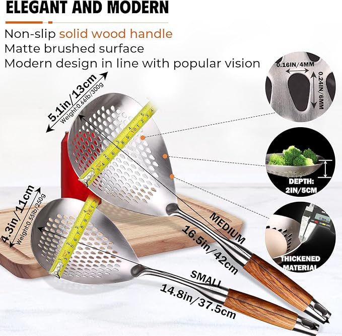 MARTE Skimmer Slotted Spoon,304 Stainless Steel Pasta Spider Strainer Ladle for Frying and Cooking,Kitchen Colanders & Food Strainers Set of 2，Slotted Spoon with Heat-Resistant Solid Wood Handle