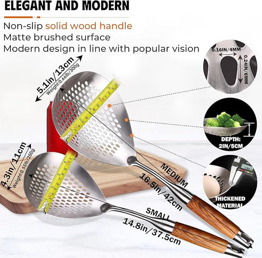 MARTE Skimmer Slotted Spoon,304 Stainless Steel Pasta Spider Strainer Ladle for Frying and Cooking,Kitchen Colanders & Food Strainers Set of 2，Slotted Spoon with Heat-Resistant Solid Wood Handle