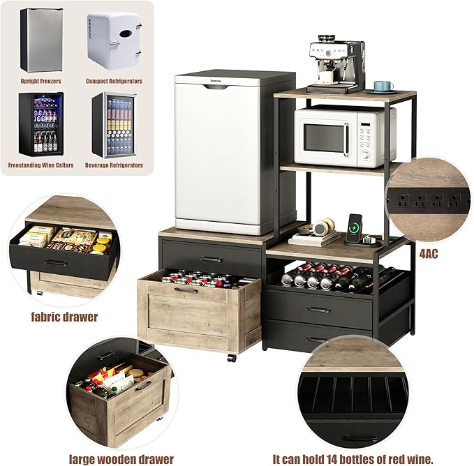 Mini Fridge Stand with Wine Rack, Kitchen Bakers Rack with Power Outlet, Microwave Oven Stand, Coffee Bar, Movable Drawers, for Dorm,Office, Grey HB04BXZ