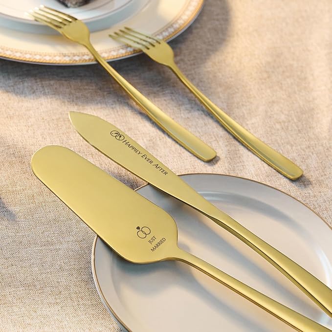AW BRIDAL Mr and Mrs Wedding Cake Knife Set with Forks, Gold Cake Cutting Set Stainless Steel Cake Serving Set Wedding Engagement Bridal Shower Gifts for Couples