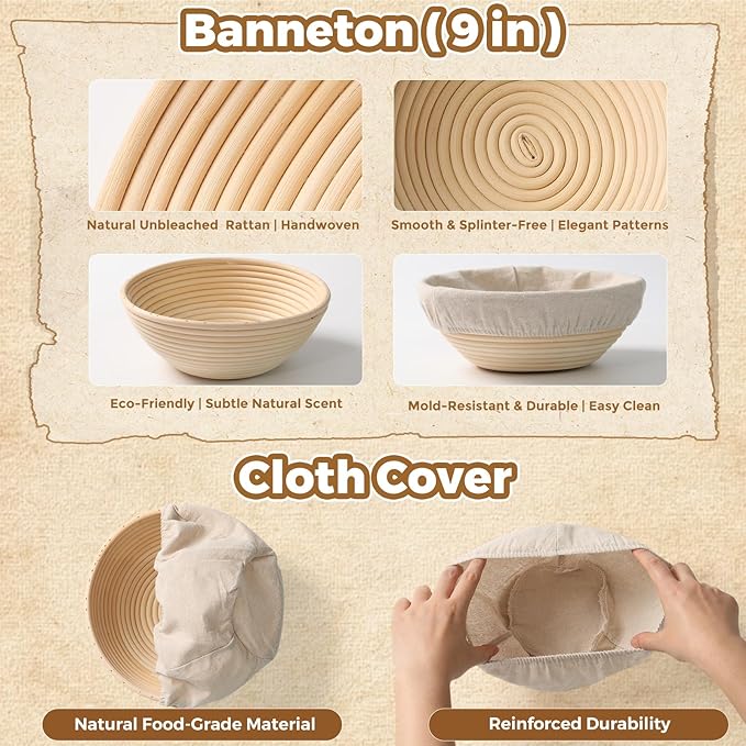 Complete Bread Proofing Basket Kit | All-in-One Set with Banneton(9 in), Sourdough Starter Jar Kit, Bread Lame, Dough Scraper, Whisk, Cutter & Tools