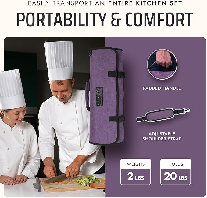 Asaya Chef Knife Roll Bag - 20 Total Pockets for Knives and Kitchen Utensils - Made with Stain Resistant Waxed Nylon - For Chefs and Culinary Students - Knives Not Included (Purple)