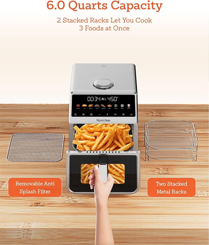 6 Qt Stainless Steel Air Fryer, Stainless Steel Housing& Full Metal Inner Pot, PTFE and PFAS Free, 9 Digital One-Touch Cook Functions,120°F~450°F, 1700W