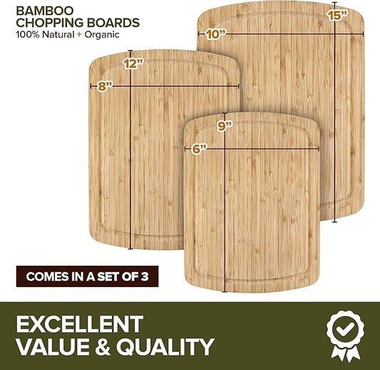 Wood Cutting Boards for Kitchen Counter – Organic Bamboo Cutting Board Set with Stick-On Grips (3 Pack), Thick Non-Slip Wooden Chopping Boards for Meat, Cheese, Produce & Serving