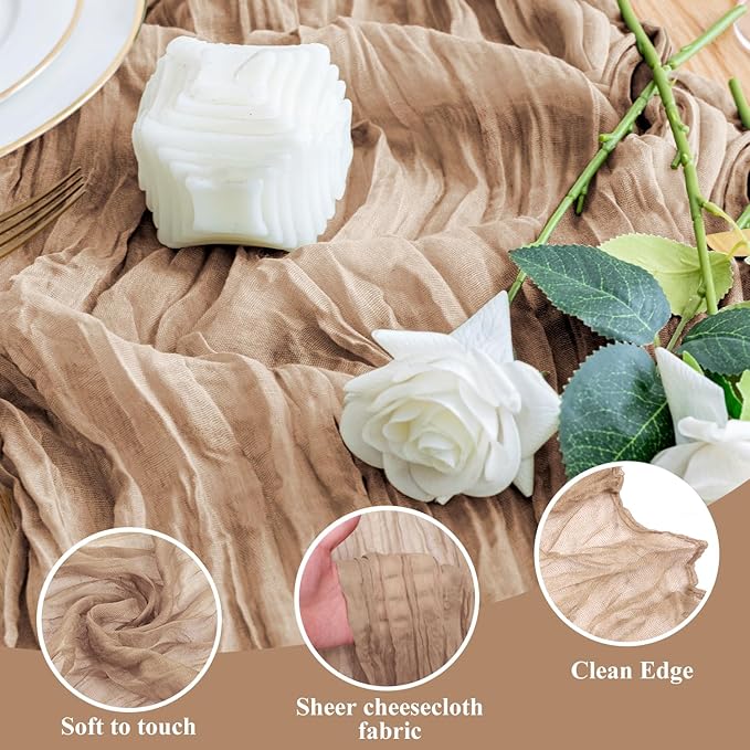 Wokceer Cheesecloth Table Runner 2Pack 10FT Nude Brown Boho Gauze Cheese Cloth Table Runner for Party Long Rustic Sheer Table Runners for Baby Bridal Shower Wedding Easter Table Decor