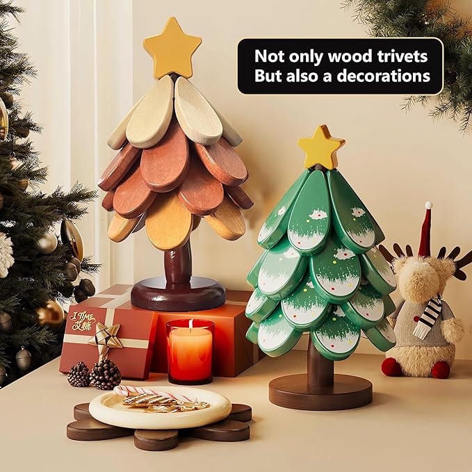 Wooden Trivets for Hot Dishes, Tree Shape Trivet Set, 4 Natural Solid Wood + 1 Stand stored Like a Christmas Tree,Foldable Kitchen Wooden Trivet for Pot Bowl Teapot Hot Pot Holder (Wood)