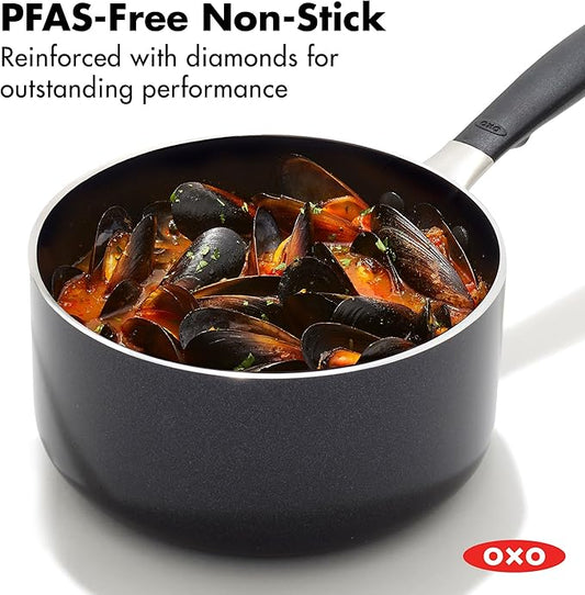 OXO 1.6QT Non-Stick Every Day Sauce Pan with Glass Lid, BPA-Free Comfort Grip Silicone Handle, Dishwasher & Oven Safe, PFAS-Free Ceramic Skillets, Sauce & Soup Chef Pot, Drip-Free, Black