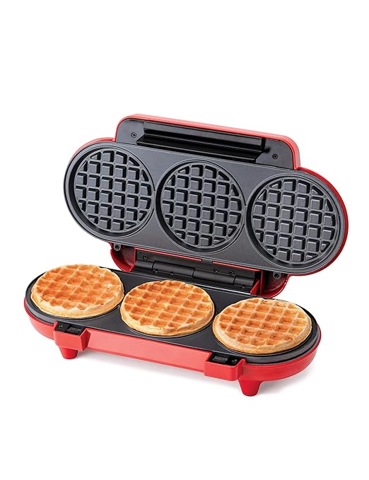 Betty Crocker Mini Multi-Waffle Maker, 1200W Kitchen Appliance for Home and Kitchen, Makes 3 Waffles at Once, Non-Stick Coating, Automatic Temperature Control, Cool Touch Handle, BC-5886R, Red