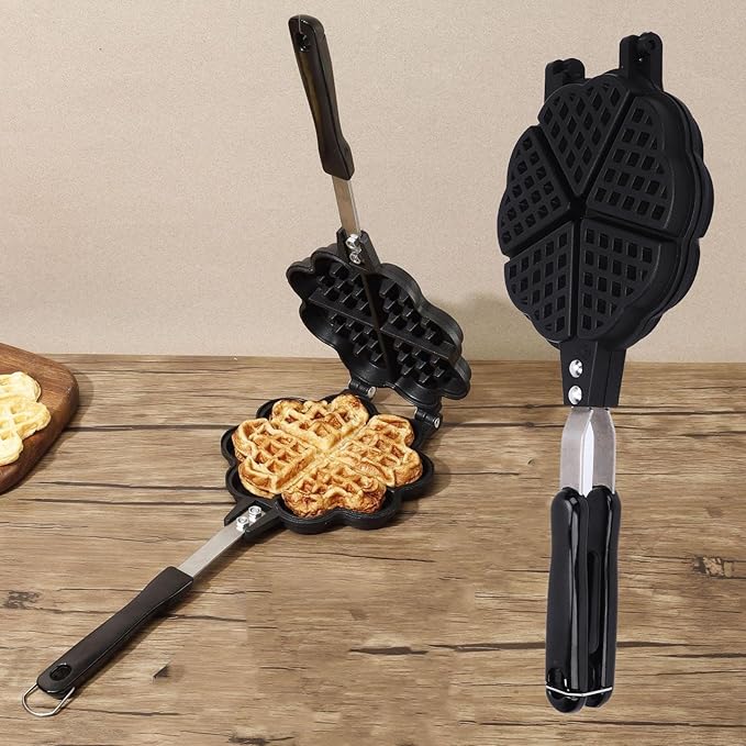 Waffle Maker, Make 5 Mini Heart Shape Waffle Pan, Small Kitchen Stovetop Waffle Baking Pan for Campfires, Gas Cooker, 2 Burner Camp Stovetop