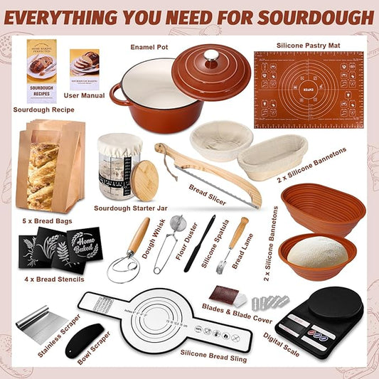 EWFEN Sourdough Starter Kit with Enamel Cast Iron Pot, Complete Sourdough Bread Baking Supplies, Round & Oval Bread Proofing Basket with 34 Oz Starter Jar, Bread Making Tools Kit
