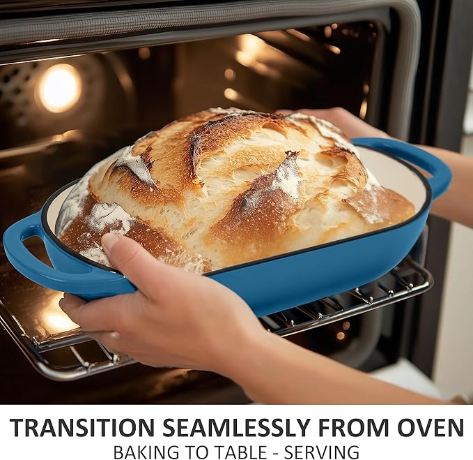 Fijxzct Premium Enameled Cast Iron Dutch Oven for Bread Baking | Non-Stick 5QT Oval Bread Oven with Lid | Perfect for Sourdough, Loaf, and Artisan Baking (Oval Blue, 5 QT)
