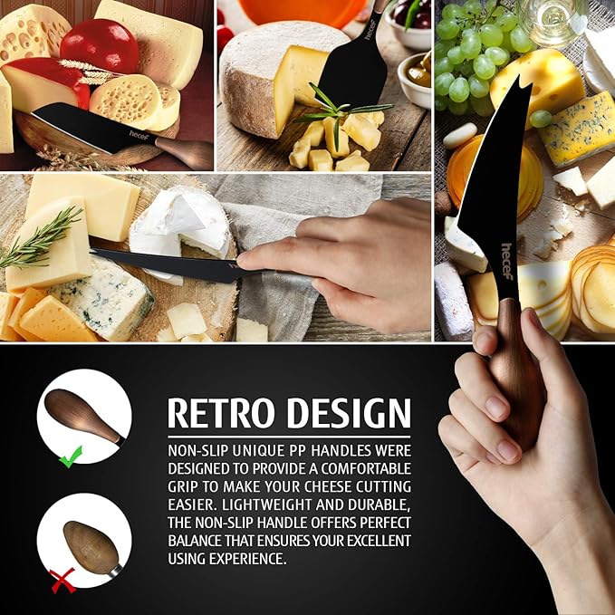 hecef Cheese Knife Set of 3, Bronze Grain Multipurpose Retro Cheese Knives, Set includes Pronged, Hard Cheese & Chisel Knife, Black