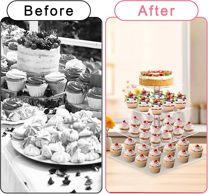Cupcake Stand, Acrylic Cupcake Holder, Premium 4 Tier Square Cupcake Stand for Wedding Birthday Holidays, Cady Bar Party Decoration,Clear… (4 Tier, Square)