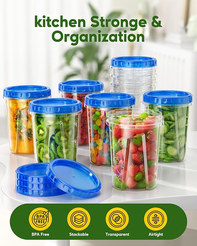 10 Pack-33oz Freezer Storage Containers Set, Plastic Food Storage Containers with Twist Top Lids, BPA Free Stackable Soup Containers for Overnight Oats/Salad/Leftover/Soup/Ice Cream