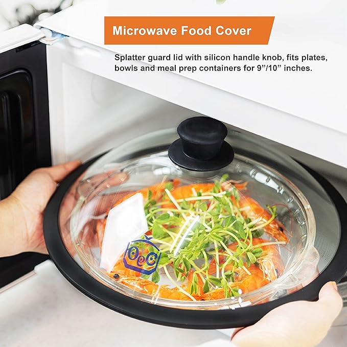 OEC Vented Splatter Guard Microwave Glass Cover for Food with Easy-Grip Handle, 11.7 inch Diameter, 100% Food Grade Tempered Glass & BPA Free Silicone Rim with Steam Vent, Dishwasher Safe