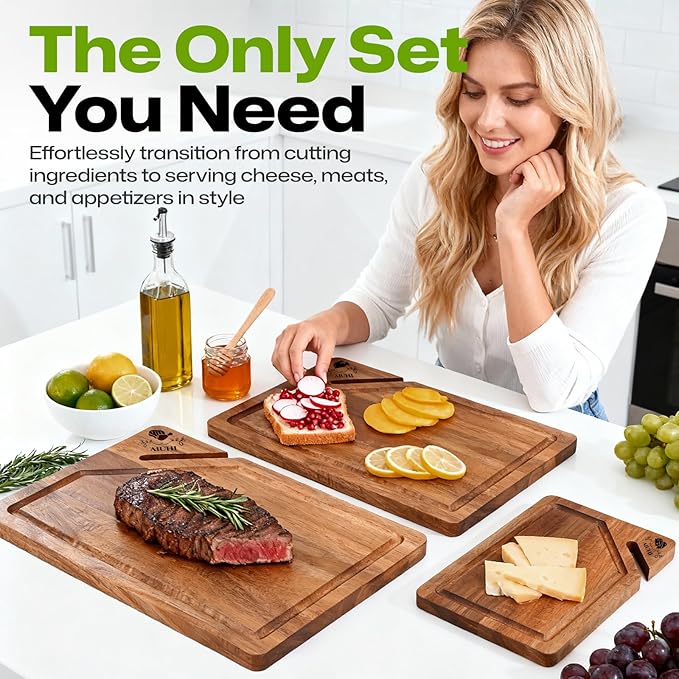 AIUHI Premium Wooden Cutting Boards for Kitchen, 3-Piece Acacia Wooden Chopping Board with Juice Groove, Organic Wood Cutting Board Set for Ideal Charcuterie, Meat & Vegetables