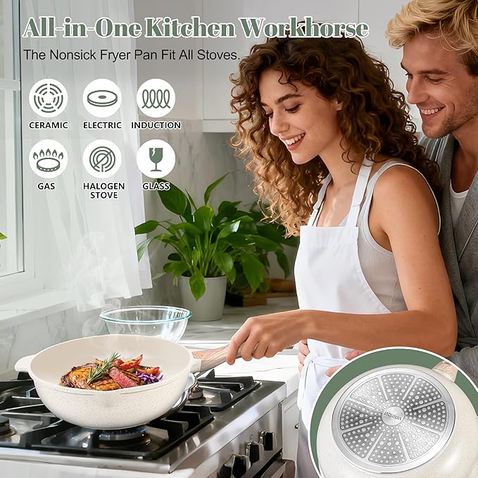 AOSION 11 Inch Nonstick Ceramic Deep Frying Pan Skille with Lid,5QT Sauté Pan for Cooking with Steam Rack,Healthy Large Skillet,Stay Cool Handle, Induction Compatible, PFOA & PFAS Free. (12IN-WHITE)