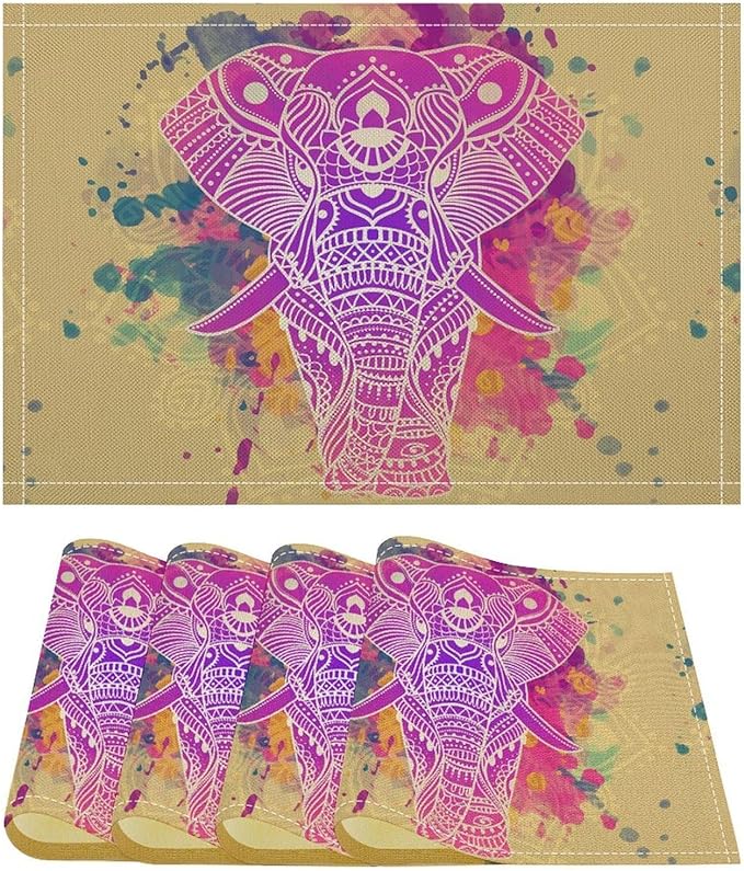 Mandala Placemats Set of 4 Boho Abstract Elephant Indian Ethnic Art Printed Dining Table Mats for Restaurant Home Kitchen Holiday Picnic Party Decor 12x18in