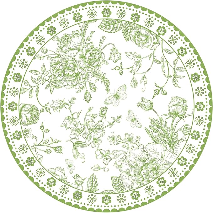50 Pcs 14 Inch Green Floral Paper Place Mats Chinoiserie Round Placemats Flower Disposable Decorative Table Mats for Dinner Table Setting Banquet Party Supplies