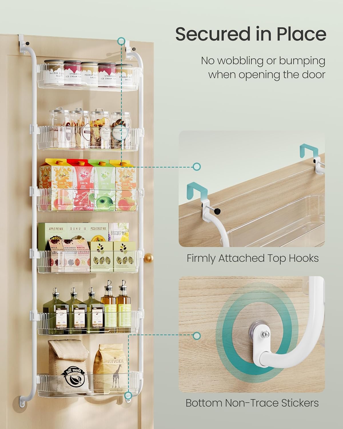 SONGMICS Over the Door Pantry Organizer, 6-Tier Kitchen Pantry Door Organizer with Adjustable Tall Baskets, Hanging Spice Rack, for Bedroom Bathroom Laundry Room, Transparent