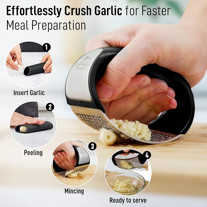 Zulay Stainless Steel Garlic Press Rocker Set - Premium Garlic Mincer Garlic Crusher - New Innovative Garlic Crusher with Peeler and Scraper - Comfortable Grip (DeepBlack)
