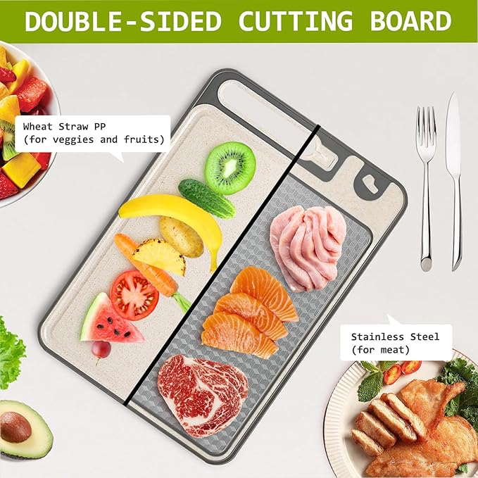 NTIERA 3-in-1 Stainless Steel Cutting Board for Kitchen, Double Sided,Non Toxic Cutting Board,Scratch-Resistant Mesh Design with Juice Groove,Easy Clean,Wheat Straw PP Large Chopping Board (15''*10'')
