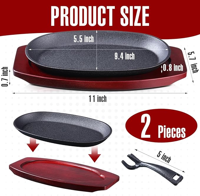 2 Pieces Oval Cast Iron Fajita Skillet Pan Set Small Sizzling Steak Plate with Wooden Base and Handle Cast Iron Fajita Skillet Sizzling Plate for Home Restaurant Barbecue Wedding Valentine's Day