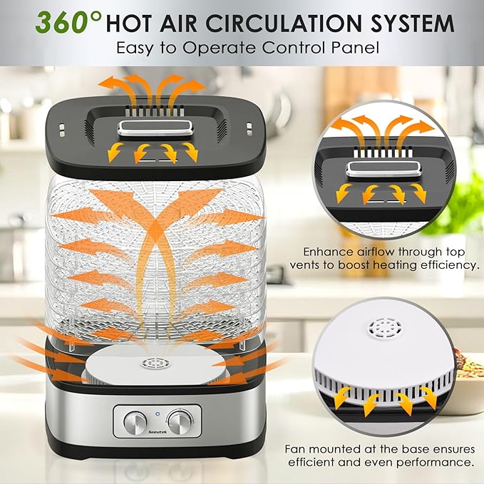 Seeutek Food Dehydrator Machine, 5 BPA-Free Trays, Adjustable Temperature Control for Beef Jerky, Fruits, Vegetables, Includes Recipe Book & 4 Reusable Storage Bags, Electric Dryer Machine (5 Trays)