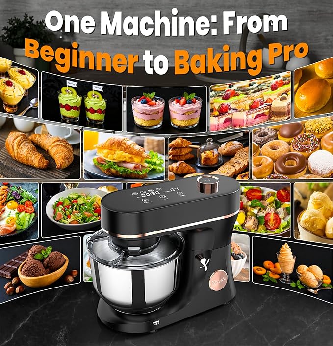 Bonnor Stand Mixer 6QT Kitchen Mixer with LED Smart Touchscreen, 11-Speed Tilt-Head Mixer with Timer, 4 Preset Menus, Stainless Steel Bowl, Dough Hook, Whisk, Beater,Black