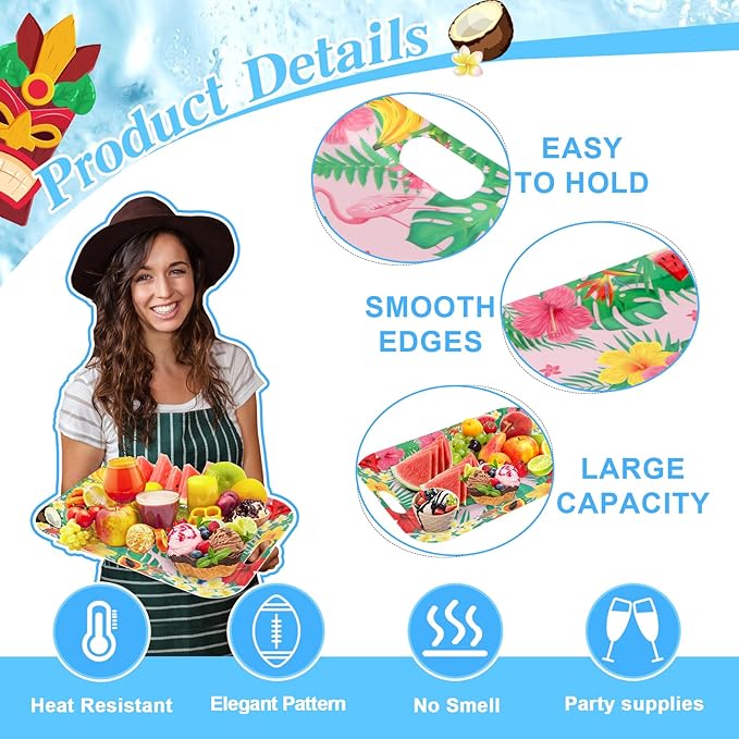 gisgfim 2Prs Summer Floral Serving Trays with Handles 16 x 11Inch Large Melamine Tray Rectangular Hawaiian Luau Serving Platter Aloha Tropical Tray Melamine Dishes for Serving Food Outdoor Party Plate
