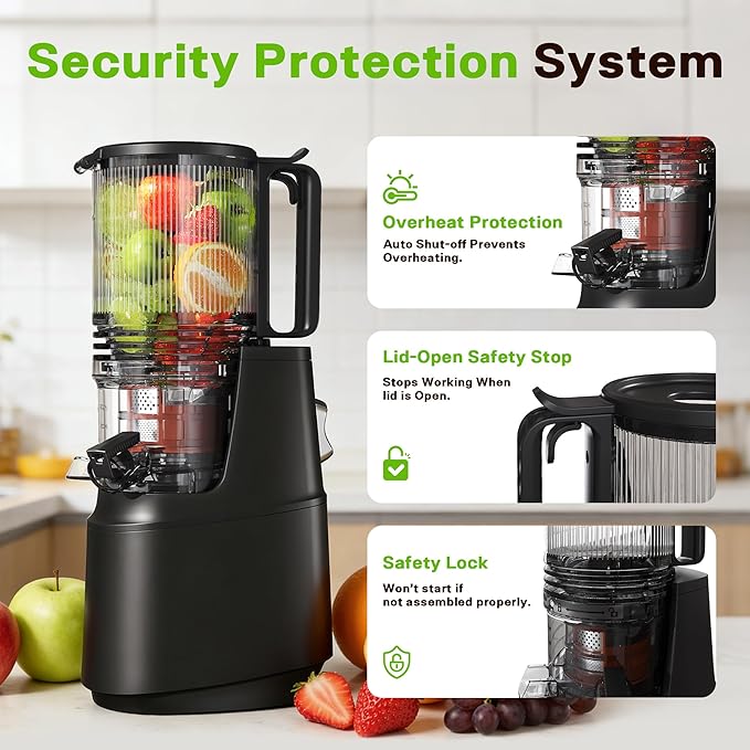 Cold Press Juicer, Juicer Machines with 5.3" Wide Feed Chute, Slow Masticating Juicer for High Yield with Whole Fruits and Vegetables, Easy to Clean, Easy to Assemble (Black)