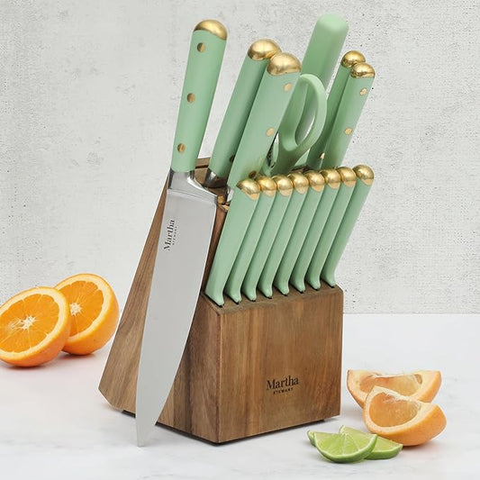 Martha Stewart 16 Piece Lockton High Carbon Stainless Steel Cutlery Kitchen Knife Block Set W/ABS Tripe Riveted Forged Handle Acacia Wood Block - Sage Green W/Gold