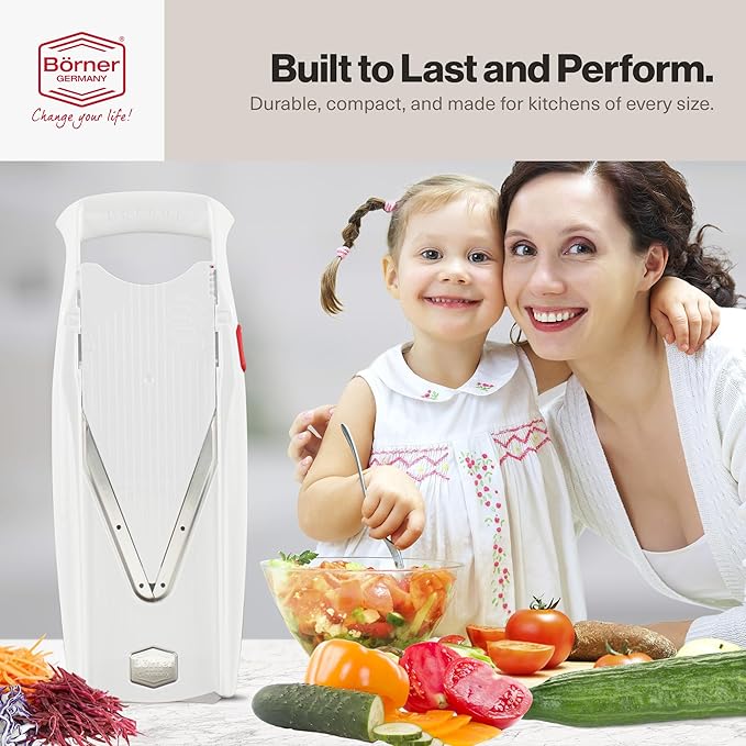 Swissmar Börner VPower V-Slicer Mandoline – Professional Kitchen Tool with Adjustable Thickness – Precision Food Slicer for Vegetables, Julienne, Shredding – Includes Safety Holder & Inserts - White