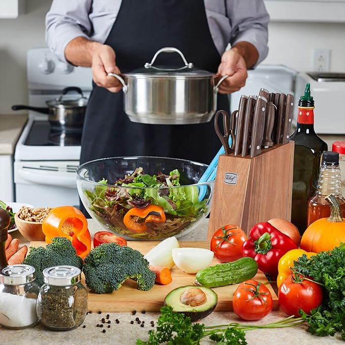 Deco Chef 16 Piece Kitchen Knife Set Stainless Steel with Wood Handles, 8" Chef, 6.5" Cleaver, 8" Bread, 8" Slicing, 4.5" Paring, 6pcs Steak Knives, Kitchen Shears, and more