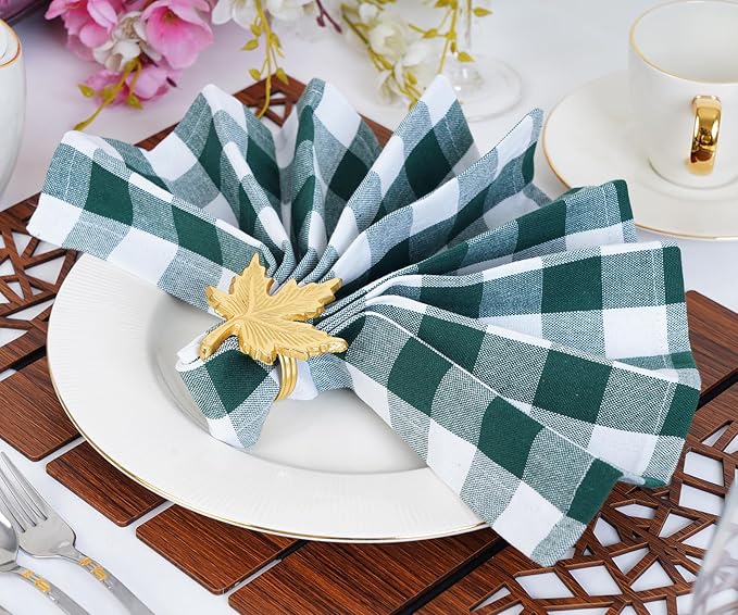 Blue Needles Gingham Buffalo Plaid Cloth Napkins 100% Cotton Set of 12 Dinner Table Napkins 18x18 inch, Soft Reusable Washable Ideal for Wedding Parties & Everyday Use - Forest Green & White