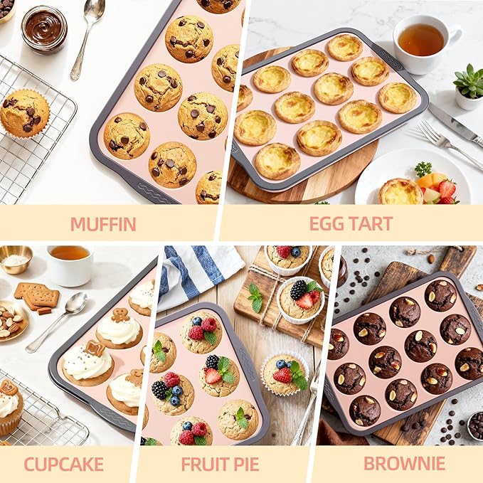 BHNJUTM 2 Pack Silicone Muffin Pan for Baking - Premium Nonstick Muffin Tin with Metal Reinforced Frame, Easy to Clean Silicone Cupcake Molds, Dishwasher & Oven Safe BPA Free(pink)