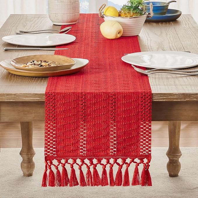 ZeeMart Macrame Style Boho Table Runner, Red Table Runners 60 Inches Long, Farmhouse Woven Home Decor, 12x60 Inch, Red
