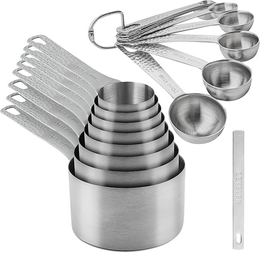 Measuring Cups and Spoons Set 20 for Dry & Liquid, Metric & US 18/8 Stainless Steel Measuring Cups and Spoons Set with Leveler for Baking & Kitchen, 8 Measure Cup and 9 Spoon & Leveler