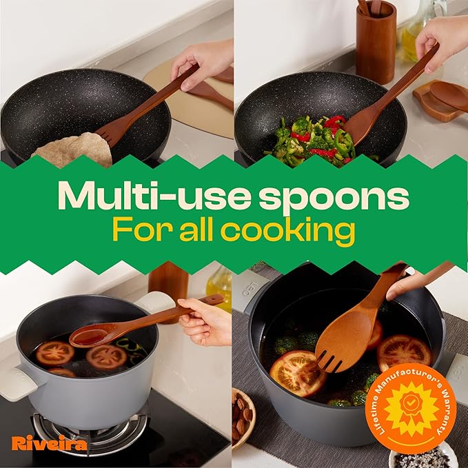 Riveira Premium Brown Bamboo Wooden Spoons for Cooking Set of 9 – Brown Bamboo Wooden Cooking Utensils, Wooden Spatula & Spoon - Premium Quality Utensil Set for Non-Toxic Cooking